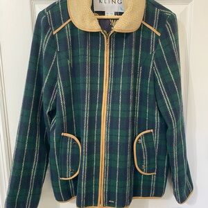 Green & Navy Plaid Zip Jacket w Tan Trim & Sherpa Collar Kling Brand